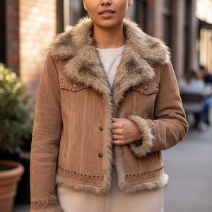 Vintage Y2K BB Dakota Pret A Porter Tan Suede Faux Fur Cropped Trucker Jacket XL